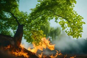 a tree is burning in the forest. AI-Generated photo