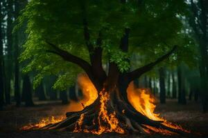 a tree with flames coming out of it in the middle of a forest. AI-Generated photo