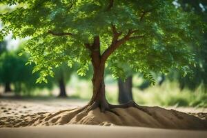 a tree is growing out of the sand in the middle of a field. AI-Generated photo