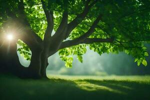 the sun shines through the leaves of a tree. AI-Generated photo