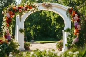 an archway with flowers and greenery. AI-Generated photo