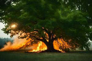 a large tree with smoke coming out of it. AI-Generated photo