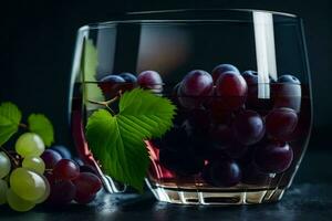 grapes in a glass with a leaf. AI-Generated photo