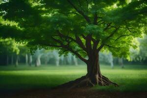 un árbol en un verde campo con césped y arboles generado por ai foto