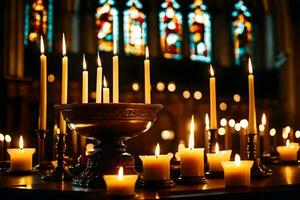 velas son iluminado en frente de un iglesia. generado por ai foto