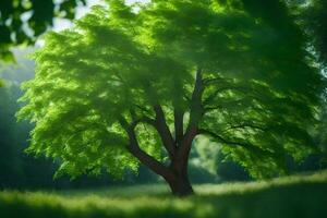 a tree in the middle of a green field. AI-Generated photo