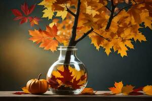 autumn leaves in a vase with pumpkins. AI-Generated photo