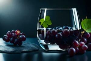 uvas en un vaso con agua en un oscuro antecedentes. generado por ai foto