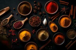 various spices and herbs in bowls on a black background. AI-Generated photo