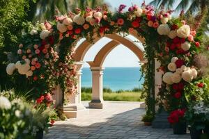 a wedding arch with flowers and greenery. AI-Generated photo