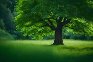 a tree is standing in the middle of a green field. AI-Generated photo