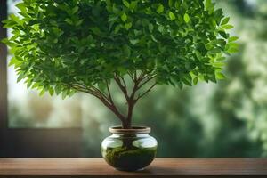 a small tree in a vase on a table. AI-Generated photo