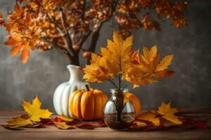 otoño hojas y calabazas en florero en mesa. generado por ai foto