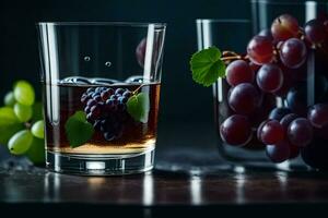 a glass of wine with grapes and leaves. AI-Generated photo