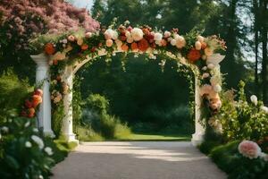 an archway with flowers and greenery. AI-Generated photo