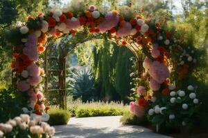 a wedding arch decorated with flowers in the garden. AI-Generated photo