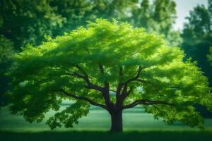 a tree in the middle of a green field. AI-Generated photo