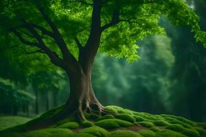 a tree in the middle of a green forest. AI-Generated photo