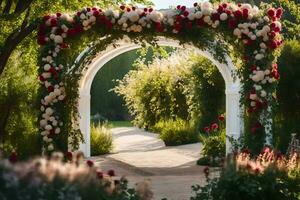 a wedding archway with red and white flowers. AI-Generated photo