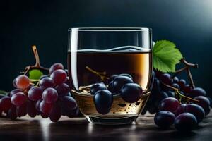 un vaso de vino con uvas en un oscuro mesa. generado por ai foto