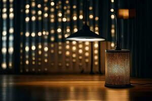 a lamp is sitting on a table in front of a curtain. AI-Generated photo