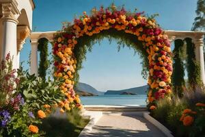 a wedding arch with flowers and a view of the ocean. AI-Generated photo