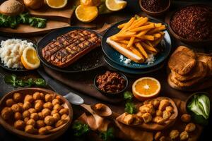 a variety of food on a wooden table. AI-Generated photo