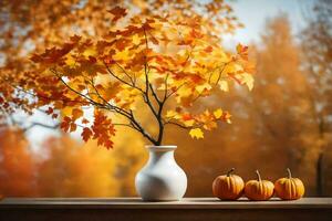 autumn leaves in a vase with pumpkins on a table. AI-Generated photo