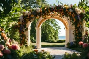 an archway with flowers and greenery in front of the ocean. AI-Generated photo