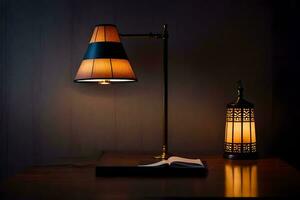 a lamp on a table with a book. AI-Generated photo