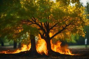 a tree is burning in the middle of a field. AI-Generated photo