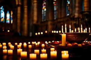 candles are lit in a church with candles and apples. AI-Generated photo