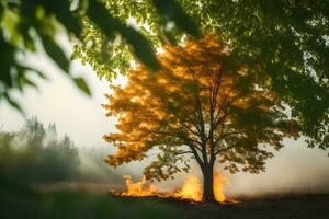 a tree is burning in the field. AI-Generated photo