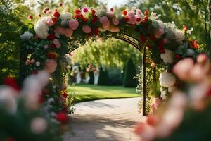 a wedding arch decorated with flowers. AI-Generated photo