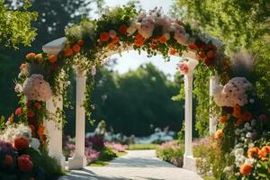 an archway with flowers and greenery in the garden. AI-Generated photo