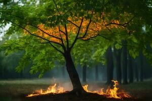 a tree with flames coming out of it in the middle of a forest. AI-Generated photo