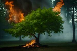 a tree is burning in the middle of a forest. AI-Generated photo