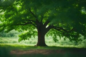 un árbol es en pie en el medio de un campo. generado por ai foto