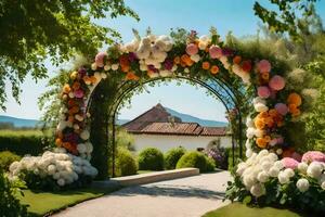 a flower archway in a garden with flowers. AI-Generated photo