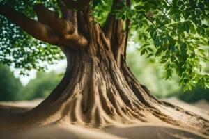 a tree with roots in the sand. AI-Generated photo