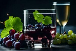 uvas y vino en un vaso. generado por ai foto