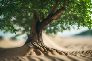 a tree in the sand with sand and dirt. AI-Generated photo