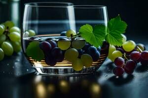 vino en un vaso con uvas. generado por ai foto