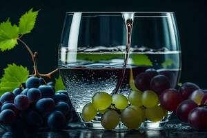 a glass of wine with grapes and leaves. AI-Generated photo