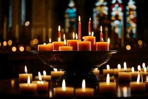 velas son iluminado en un Iglesia con velas en el antecedentes. generado por ai foto