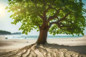a tree on the beach with sand and water. AI-Generated photo