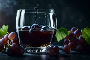 un vaso de rojo vino con uvas en un oscuro antecedentes. generado por ai foto