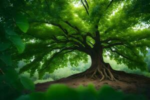 un grande árbol con raíces en el medio de un bosque. generado por ai foto