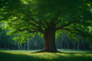 a large tree in the middle of a green field. AI-Generated photo