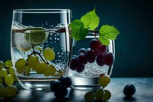 uvas y agua en un vaso. generado por ai foto